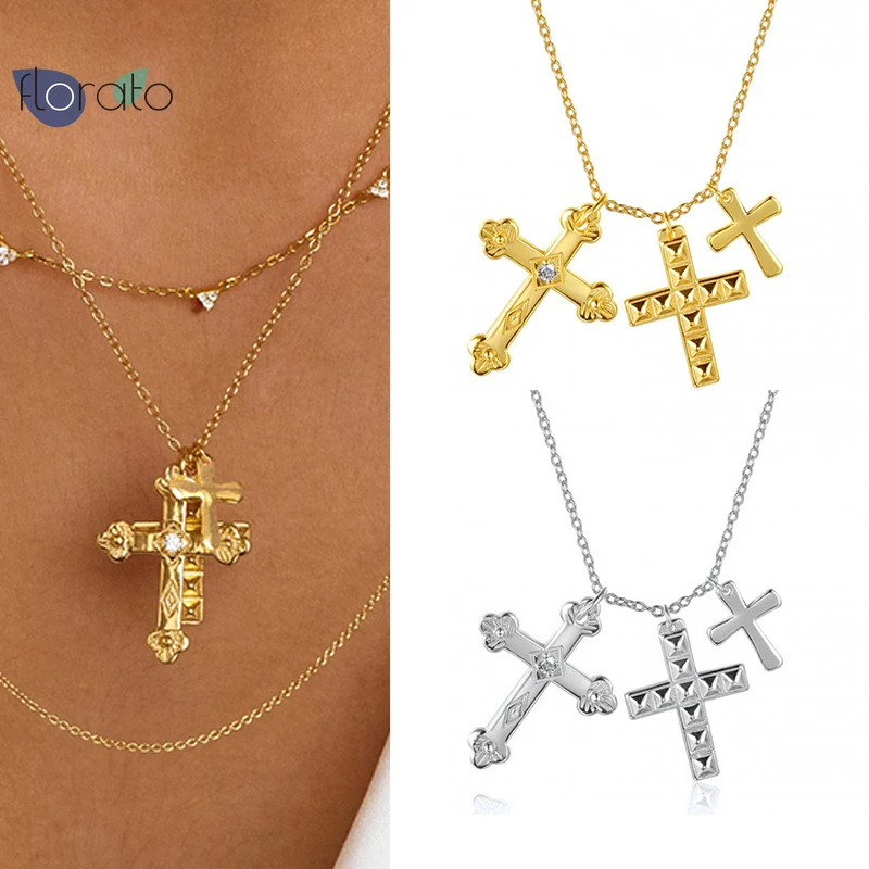 

925 Sterling Silver Cross Necklace Simple Zircon Pendant Cross Religious for Women Multi-Layer Collar Necklace Wholesale Jewelry