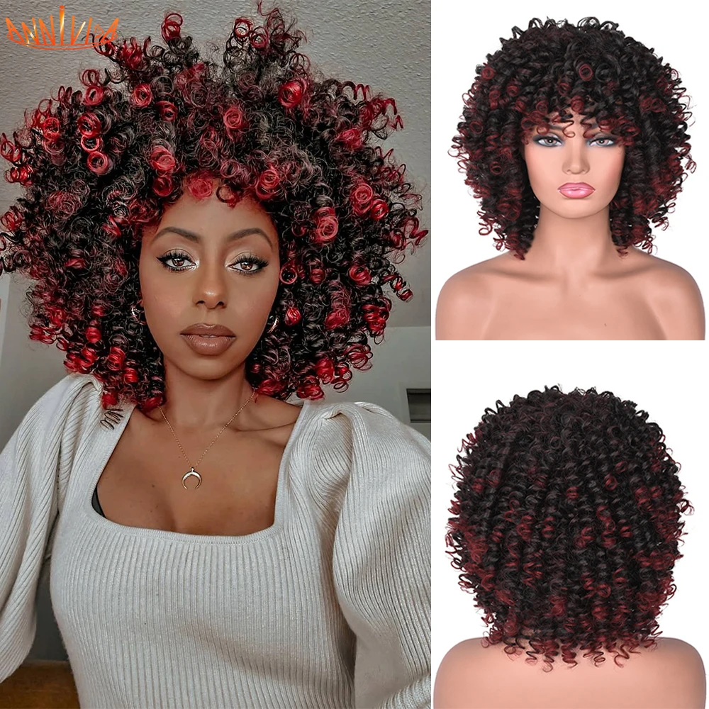 

Short Synthetic Wig Afro Kinky Curly Wigs With Bangs For Black Women Ombre Brown Glueless Natural High Temperature Hair Annivia