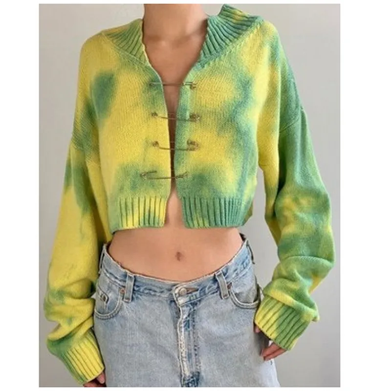 

Вязаный свитер Tie-Dye, модные осенне-зимние женские короткие топы, свободный облегающий укороченный свитер с длинным рукавом и принтом