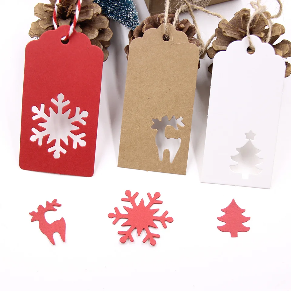 50PCS Christmas White&Red Kraft Paper Tags Handmade/Thank You DIY Labels For Christmas Favors Hang Tag Gift Wrapping Supplies