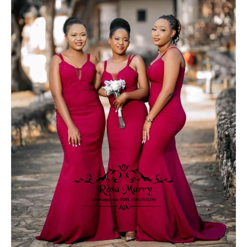 

Burgundy Mermaid African Bridesmaids Dresses 2022 Women Plus Size Cheap Maid Of Honor Wedding Guest Prom Party Gowns For Girls