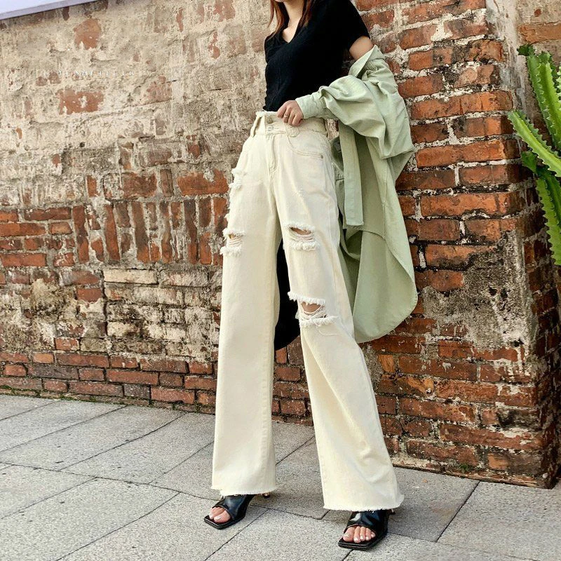 Рваные джинсы для женщин весна-осень с высокой талией Новые Бежевые свободные |