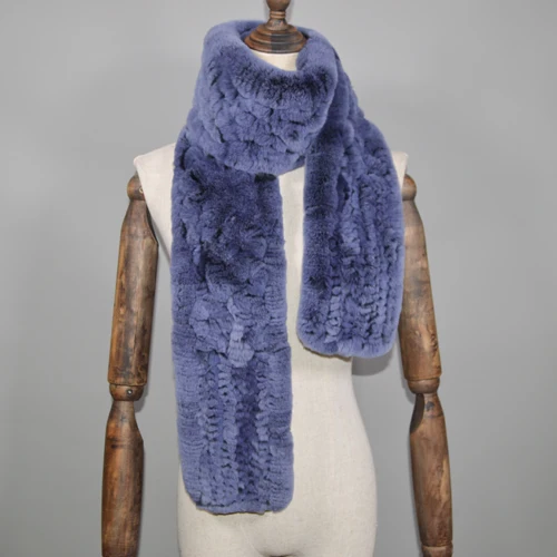 blue Winter Long Style Women Real Rex Rabbit Fur Scarf Rex Rabbit Fur Warm Soft Ring Scarfs High Quality Knit Rabbit Fur Scarves - Цвет: blue