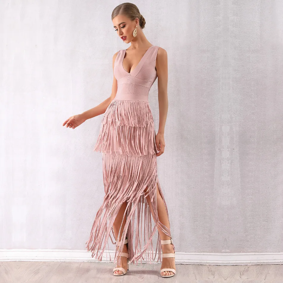 Новинка 2020 летнее женское облегающее платье телесного цвета с бахромой платья