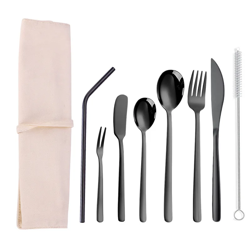9 pcs black Новинка, портативный набор столовых приборов, посуда из нержавеющей стали, фруктовые вилки, столовые ножи, десертные ложки с соломинкой, Портативная сумка, столовые приборы - Цвет: 9 pcs black