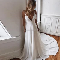sexy deep v neck wedding dresses 2021 a line satin white applique backless bridal gown sleeveless straps sweep train party dress