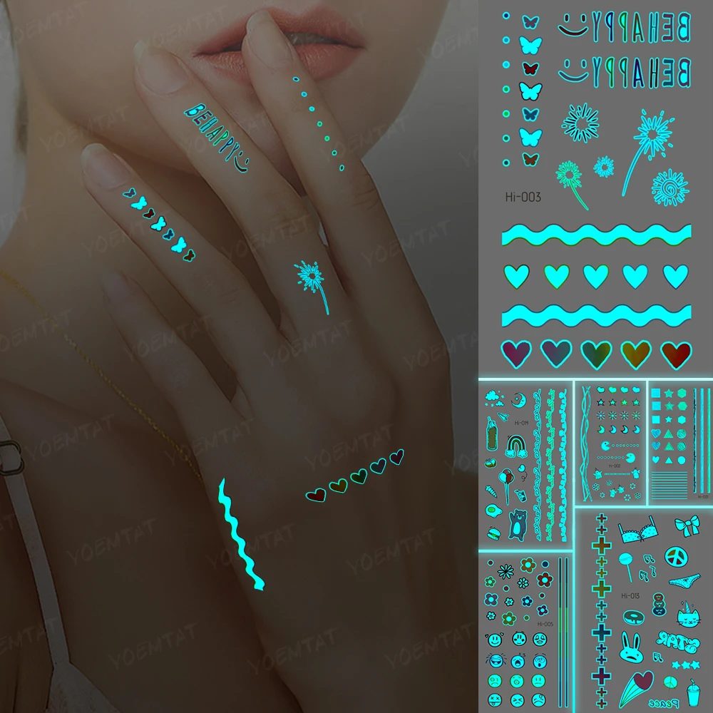 

Luminous Stickers Neck Tattoo Temporary Glitter Tattoo Kids Butterfly Heart Shaped Smiley Fingers Rainbow Bunny Tato Blue Glow