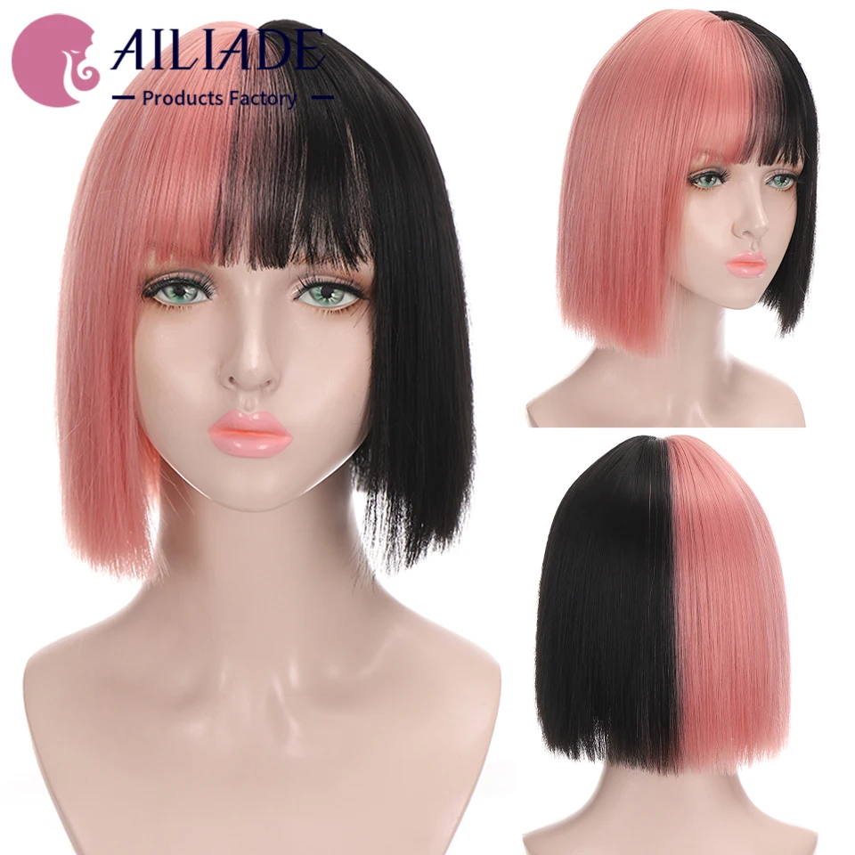 

Парик AILIADE Женский, короткий, прямой, термостойкий, черный, розовый, для Косплей Аниме Лолита