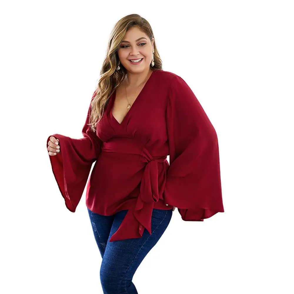 DOIB женская блузка большого размера винно красная с расклешенным рукавом