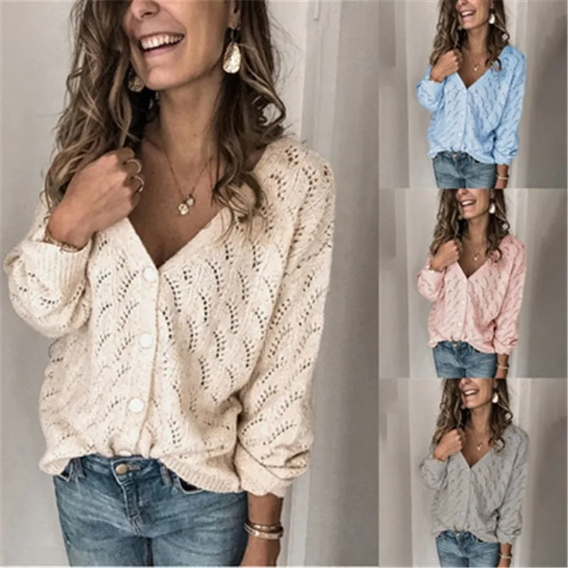

2021 Fashion Crochet Hollow V-Neck Long Sleeve Single Breasted Cashmere Knitted Cardigan