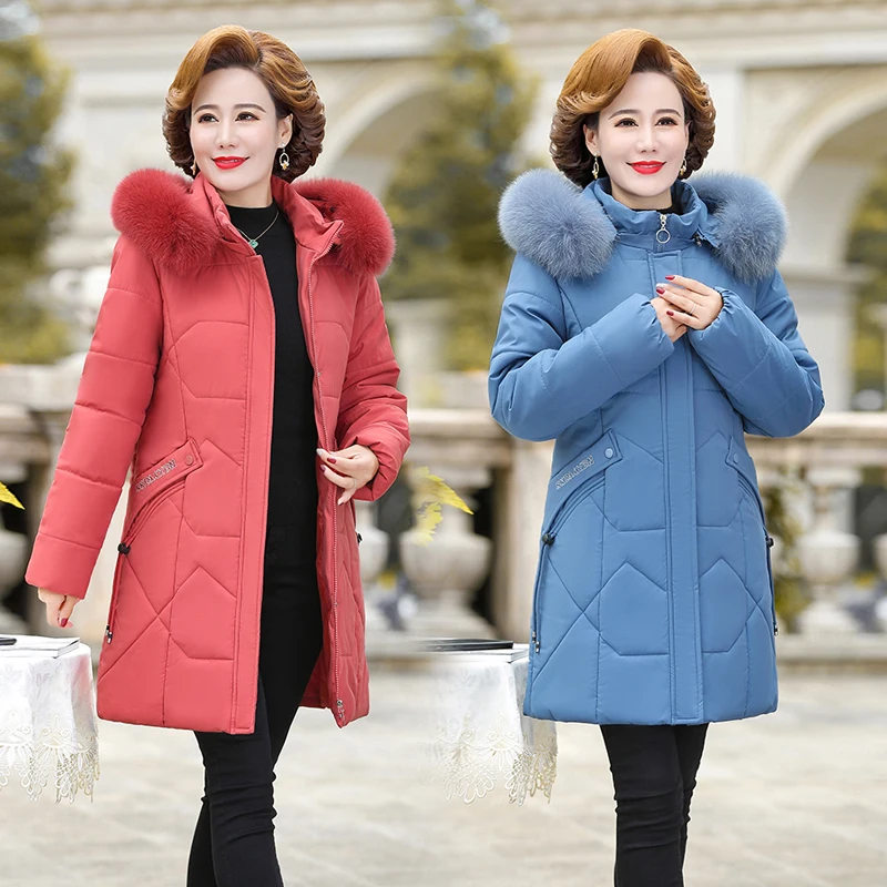 winter clothes women mother's cotton clothes middle-aged and elderly ladies thick hooded pure color cotton clothes woman parkas