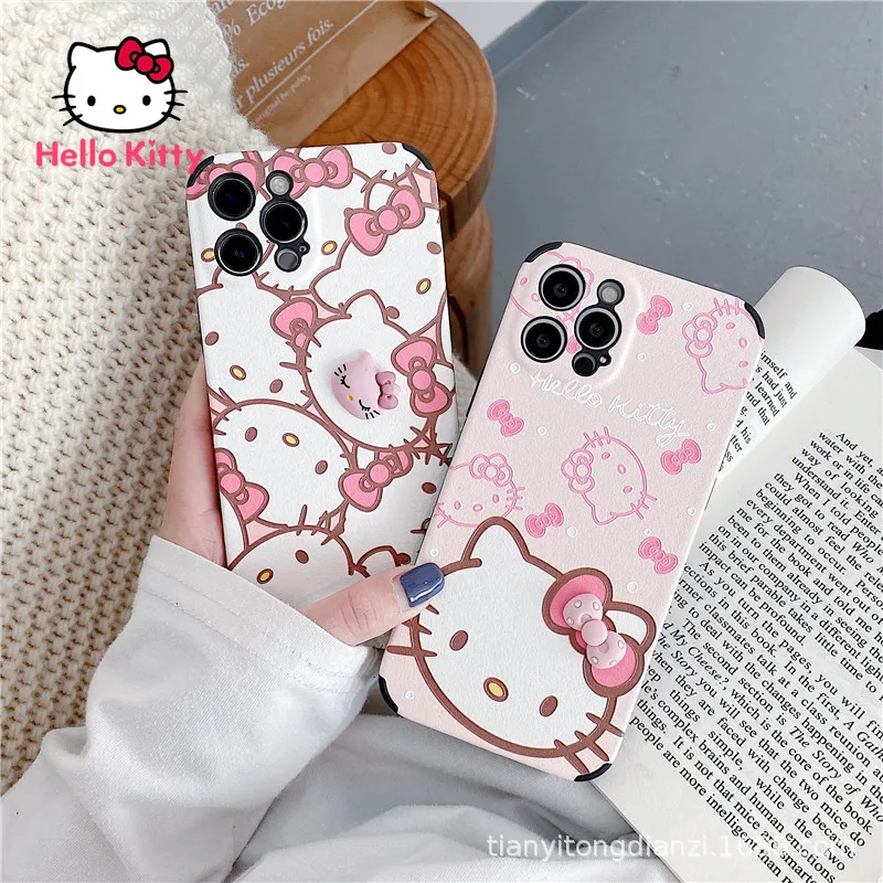 

Hello Kitty Lambskin Three dimensional Phone Case for iPhone13 13Pro 13Promax 12 12Pro Max 11Pro X XS MAX XR 7 8 Plus Cute Cover