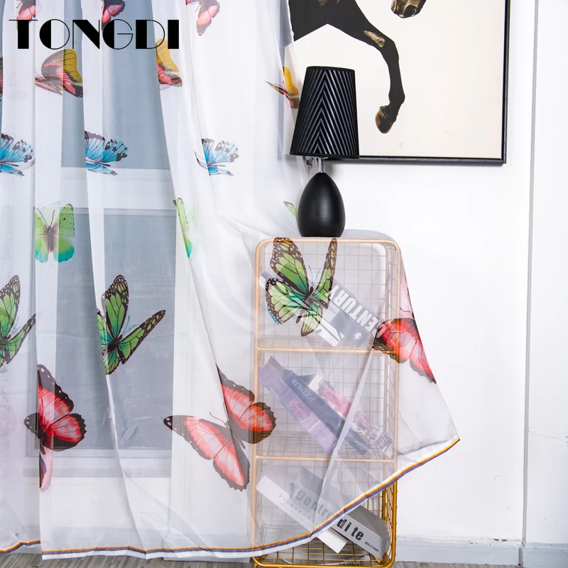 Цветная прозрачная занавеска TONGDI с принтом бабочки белое Тюлевое прозрачное