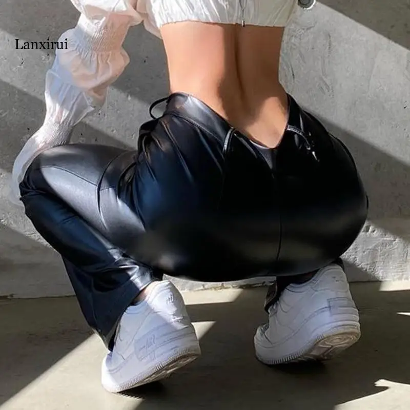 

PU Elegant Faux Leather Pants Women High Waist Skinny Trousers Ladies Casual Fashion Pants Capris Autumn Vintage Streetwear