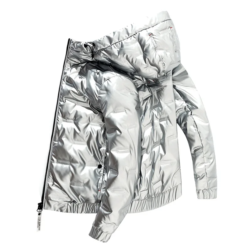 Куртка уличная теплая блестящая с капюшоном белый пуховик свободного кроя в