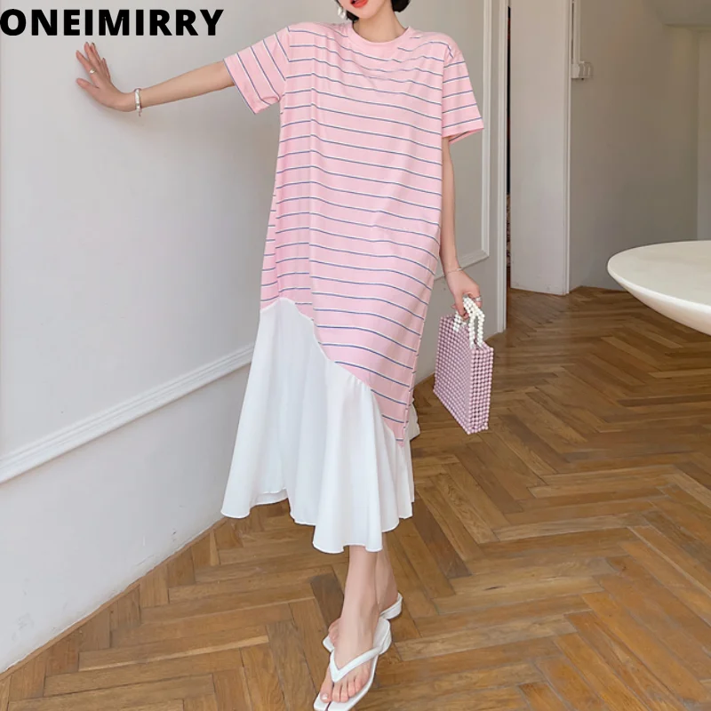 

Chiffon Patchwork Pink Stripe Woman Dress Plus Size Summer Korean Irregular Fashion Straight Casual Long Dress Female Vestidos