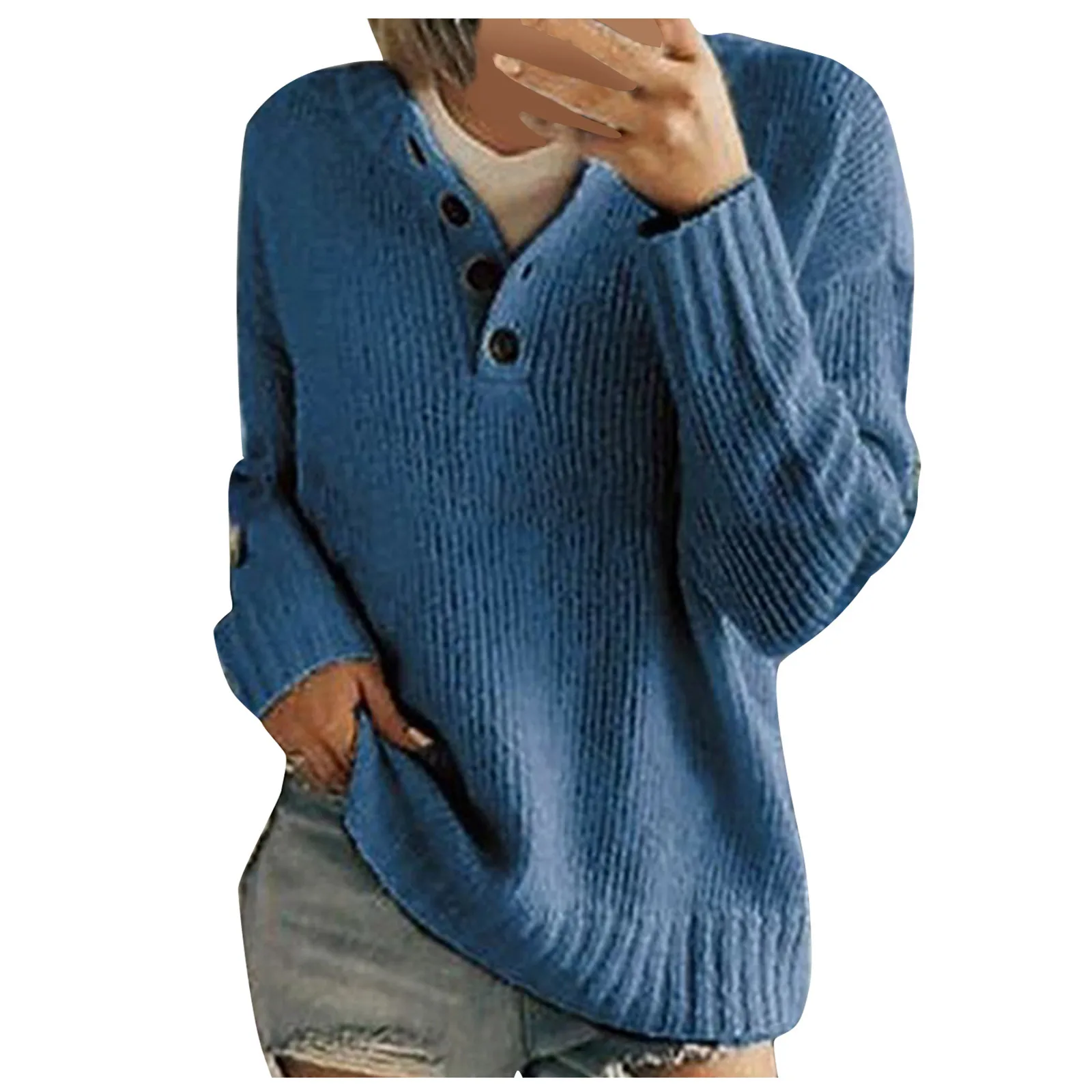 

#65 New Clothing Ladies Tops Women's V-neck Long-sleeved Solid Color Knitted Sweater Button Fashion Top Suteres