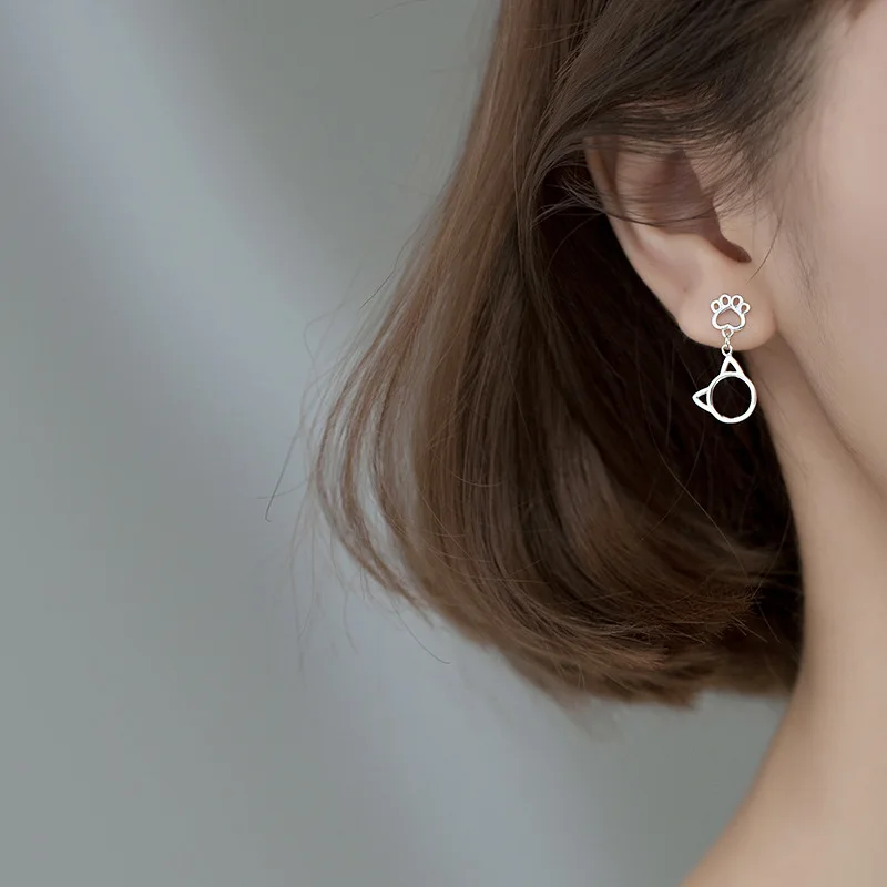 

Real 925 Sterling Silver Hollow Cat and Paw Print Earrings Cute Short Kitten Cat Drop Earrings for Women Girls Birthday Gifts
