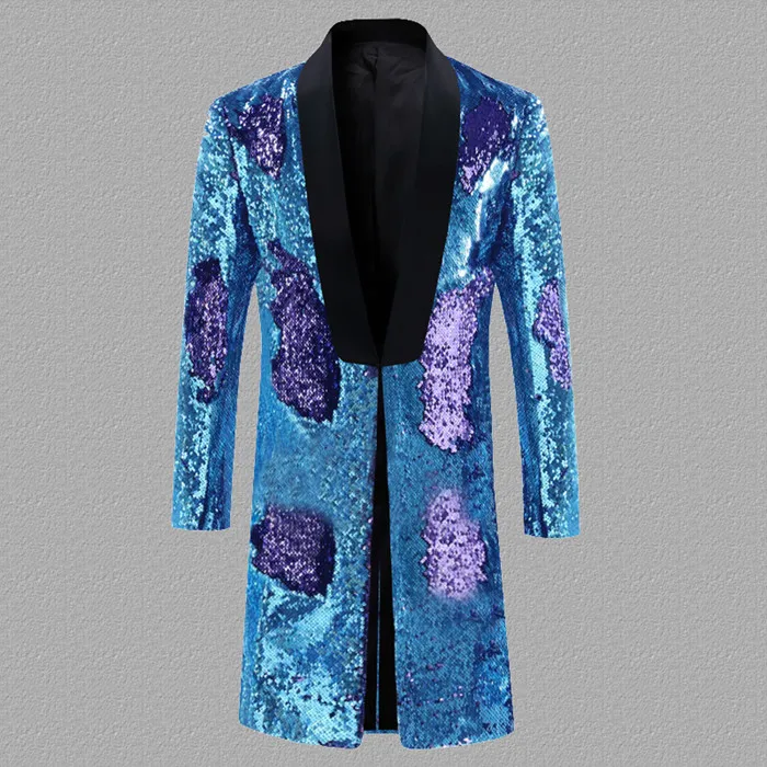Blue Purple Меняющий Цвет Блестящий смокинг красный, синий, зеленый, фиолетовый, золотой, серебряный блейзер с блестками мужской длинный Блейзер Куртка DJ Клубное платье Q227 - Цвет: Blue Purple