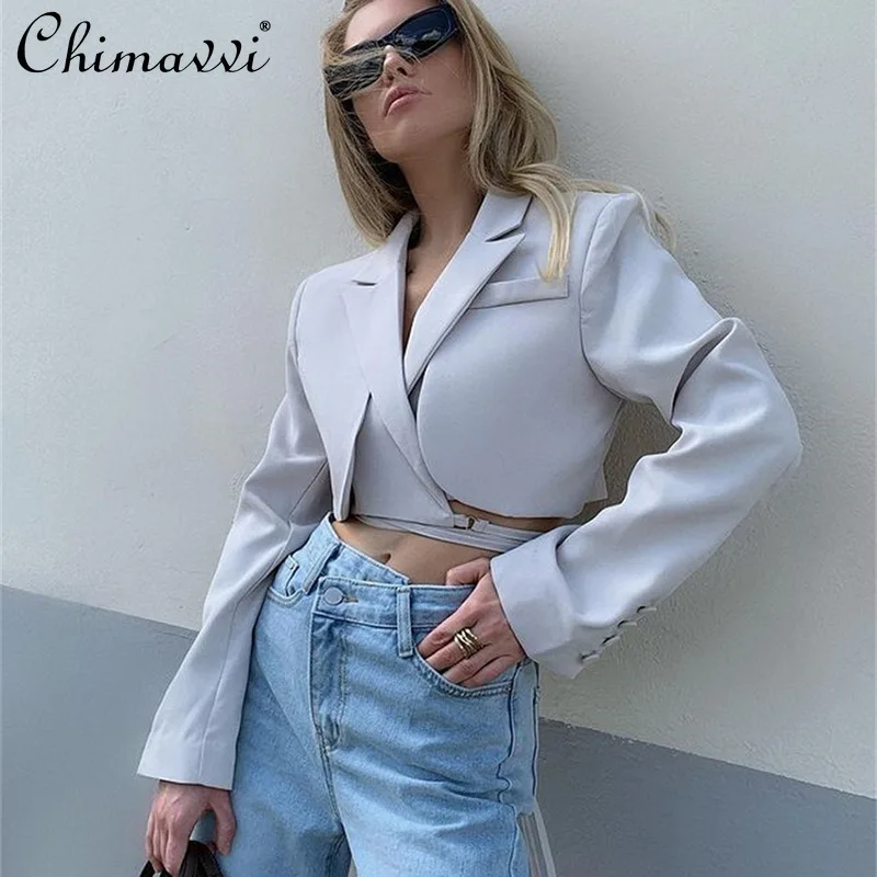 

Women's Long Sleeve Casual Blazer 2021 Spring and Autumn Sexy Slim Midriff Baring Suit Lady Lace Up Short Pink Business Blazer