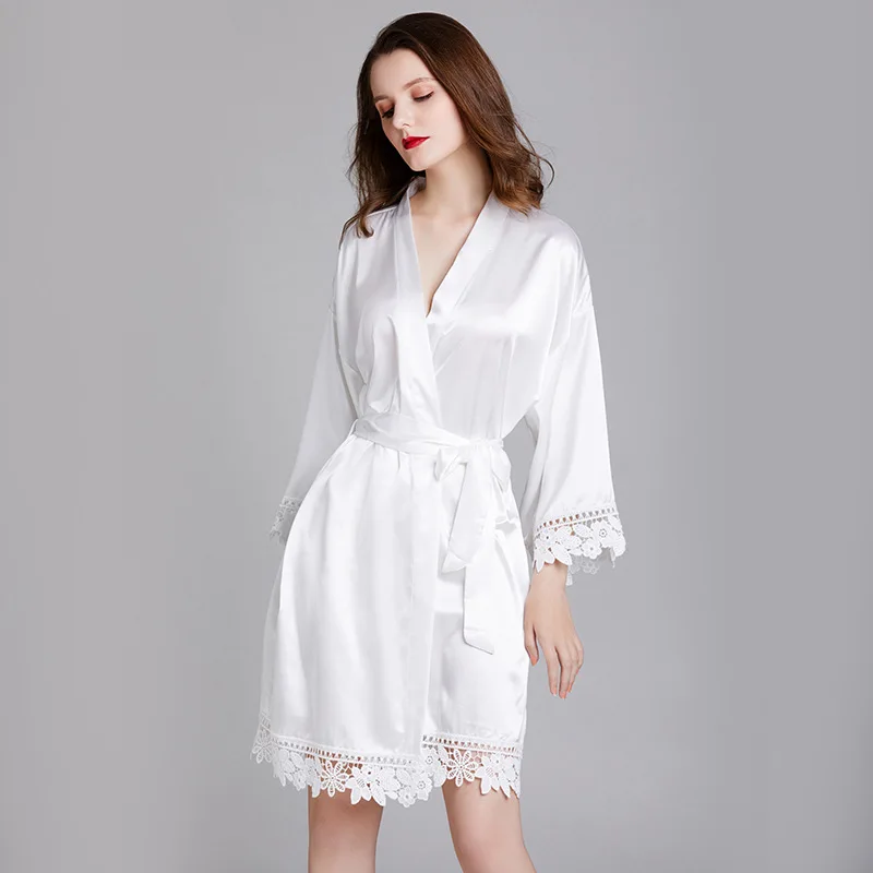 

Women Sexy Silk Kimono Dressing Babydoll Lace Lingerie Belt Bath Robe Nightwear Half Sleeve Soft Slim Homewear Female Bathrobes