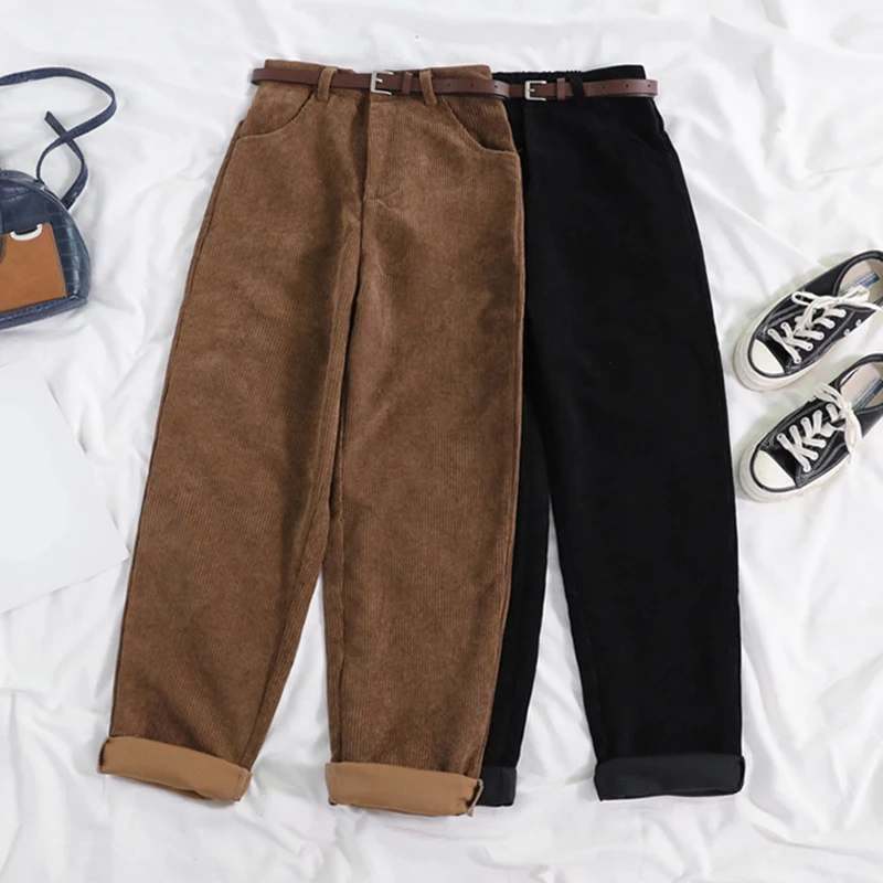 

Women's Corduroy Wide Leg Pants Vintage High Waist Straight Trousers Female 2021 Autumn New Korean Loose Casual Pants
