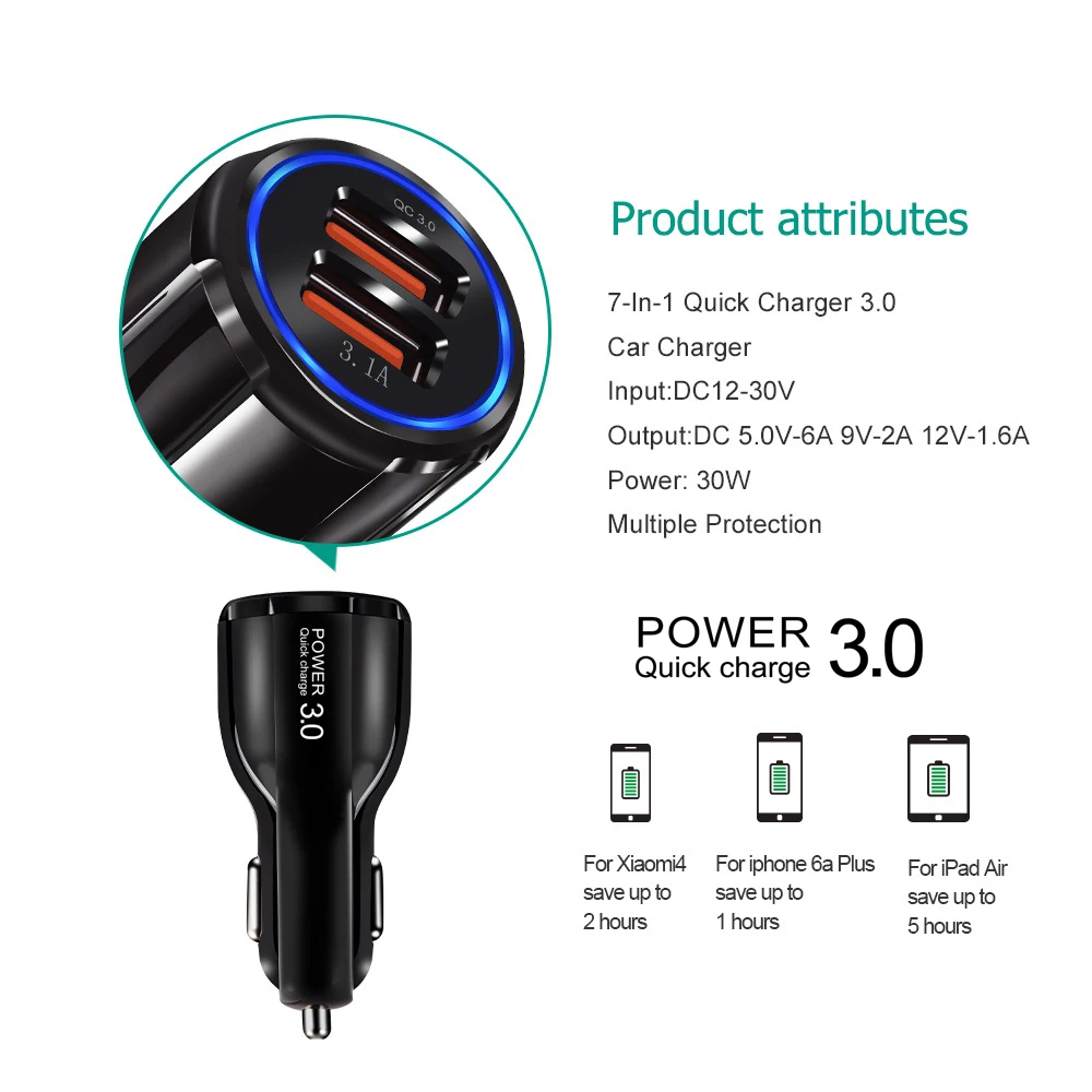 Приседать Quick Charge 3 0 Зарядное устройство QC 5V 9V 12V Dual USB Автомобильное зарядное