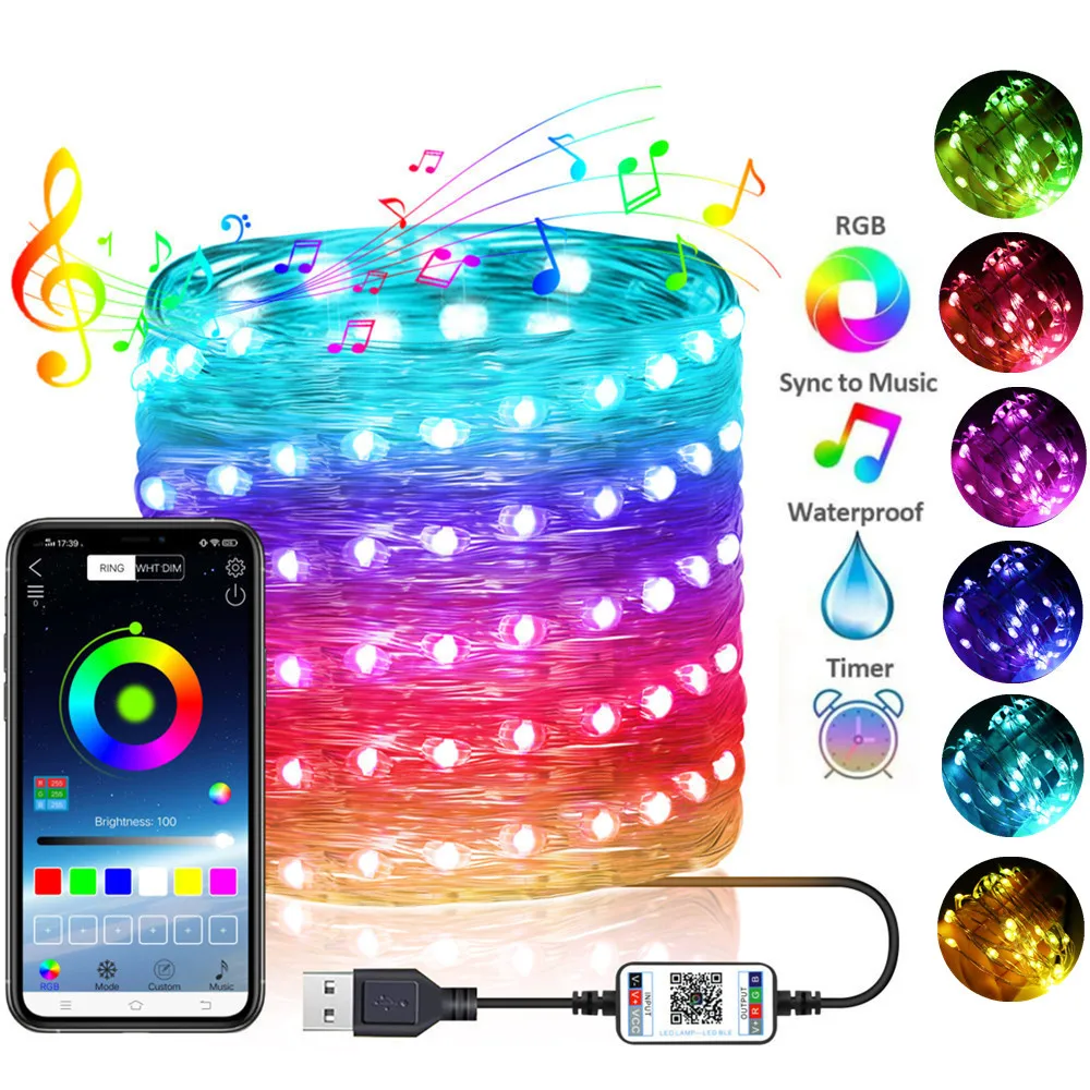 

Светодиодная сказочная Гирлянда для украшения рождественской елки, светодиодная USB гирлянда с управлением через приложение и Bluetooth для дом...