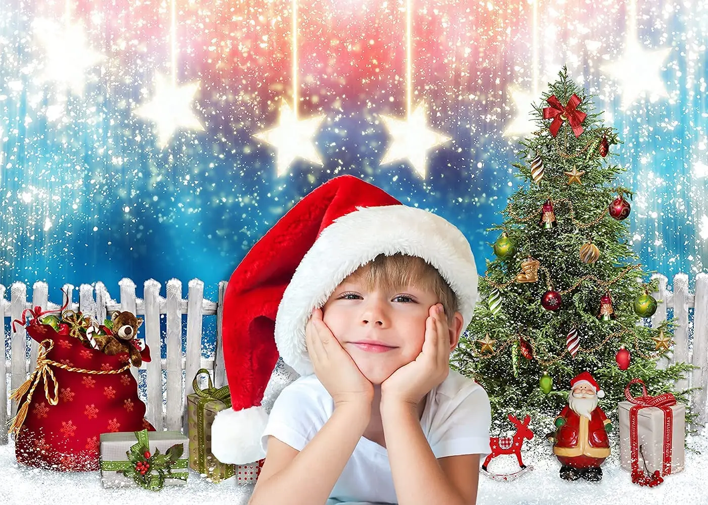 Christmas Photography Backdrop Merry Xmas Snow Blue Wonderland Background Santa Gifts Trees Banner Baby Kids Party Decorations enlarge