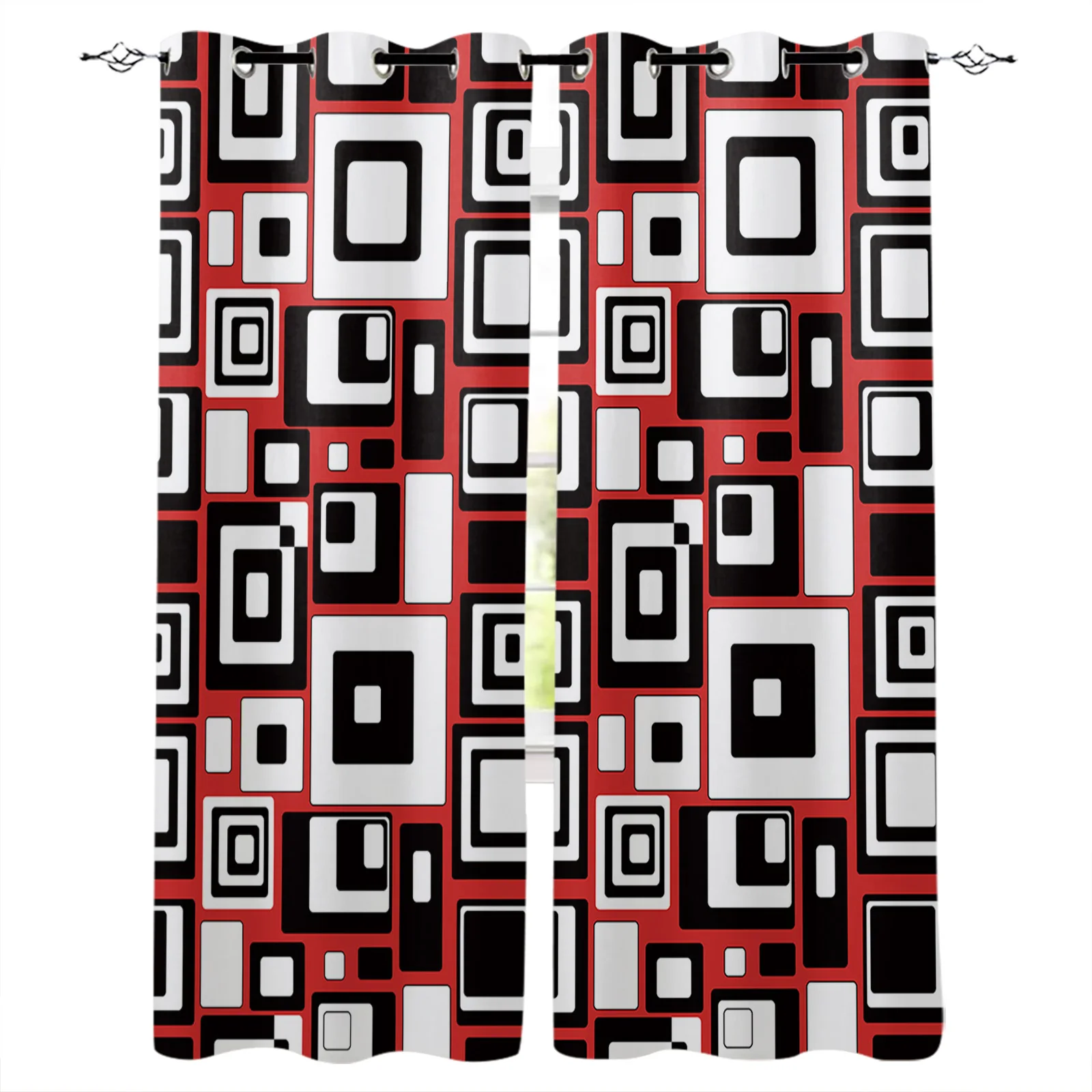 

Geometric Rectangle Red Black Bedroom Kitchen Curtain Home Decoration Modern Children Window Curtains for Living Room Decorative