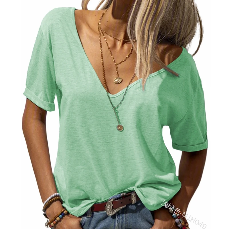 

WEPBEL T-shirt Women's Casual Short Sleeve Loose T-shirt Tops Summer Fashion V-neck Solid Color Pullover T-shirt
