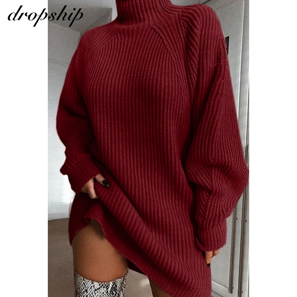 Dropship Turtleneck Long Sleeve Sweater Dress Women Autumn Winter Loose Knitted Casual Pink Gray Clothes Solid Dresses Warm Top | Женская