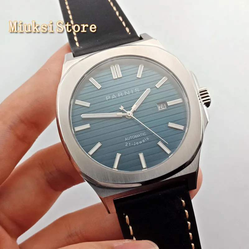 Мужские Роскошные Механические часы PARNIS 43 мм с синим циферблатом и сапфировым