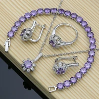 purple cubic zirconia 925 sterling silver bridal jewelry sets for women earrings rings dropshipping necklace set dubai jewelry