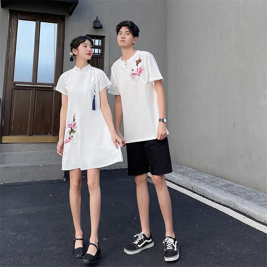 

Qipao Traditional Cheongsam Dress Modern Style Hanfu Floral Print White Casual Chinese Wedding Dresses for Women Couple Outfit