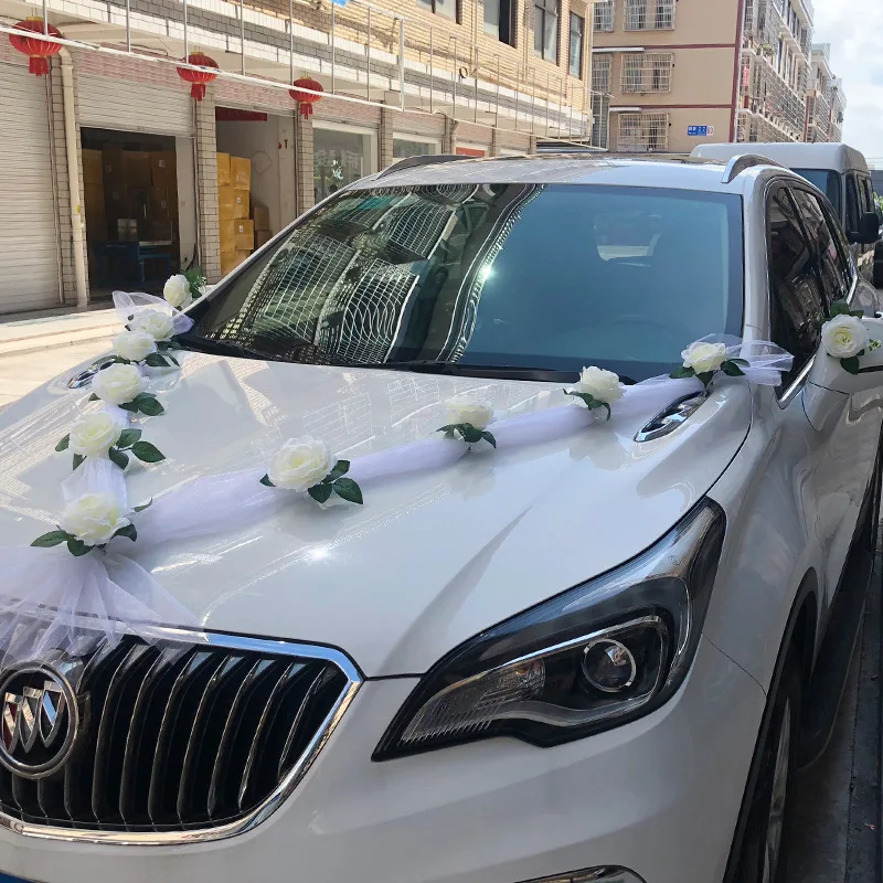 Свадебное украшение автомобиля белый романтический пояс марля цветок спереди