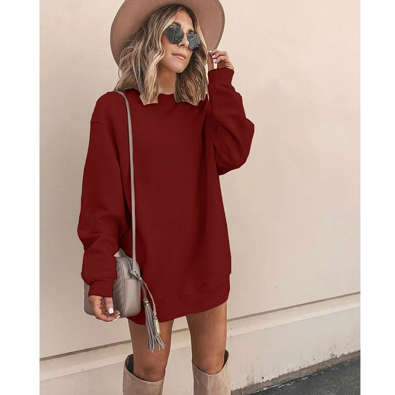 

2021 New Spring Women Round neck Loose Pullovers Solid Color Casual Long Hoodie