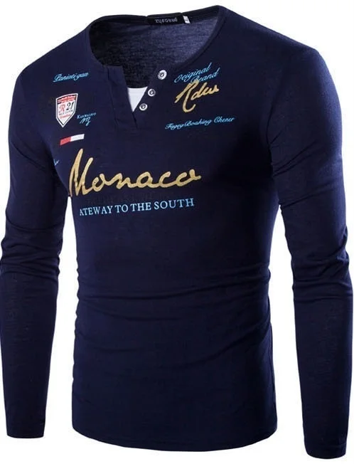 

New Fashion Men's Four Seasons Long Sleeve Monogrammed T-shirt Personality V-collar Casual Long Sleeve Spring and Autumn T-shirt
