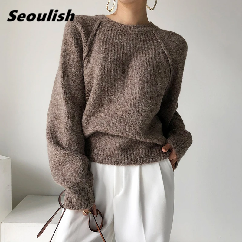 

Seoulish 2021 New Autumn Winter Knitting Women's Sweaters Vintage Long Sleeve O-Neck Casual Loose Pullovers Knitwear Tops Female