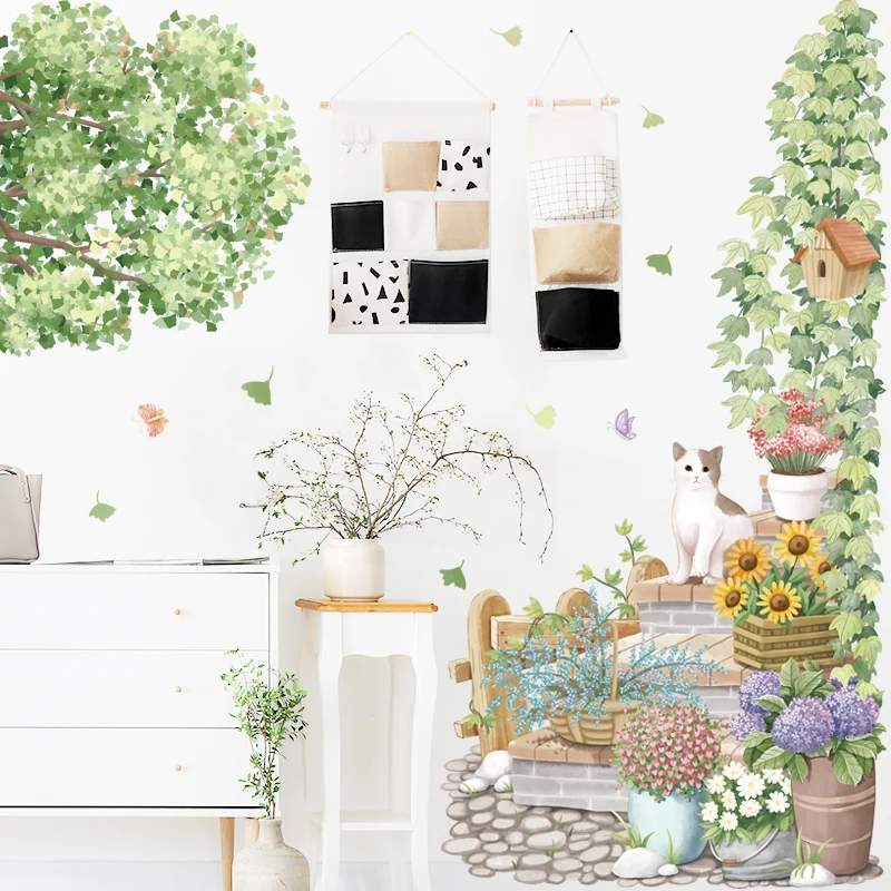 

Настенные наклейки в виде кошачьих зеленых растений в горшках с листьями, украшение двери, обои для гостиной, веранды, спальни, домашнего оф...