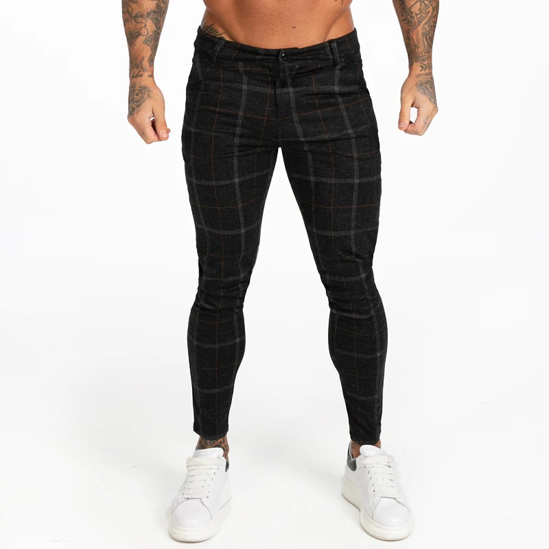 

Men Skinny Chino Pants Autumn Winter Black Plaid Pants Skinny Pant Men High Waist