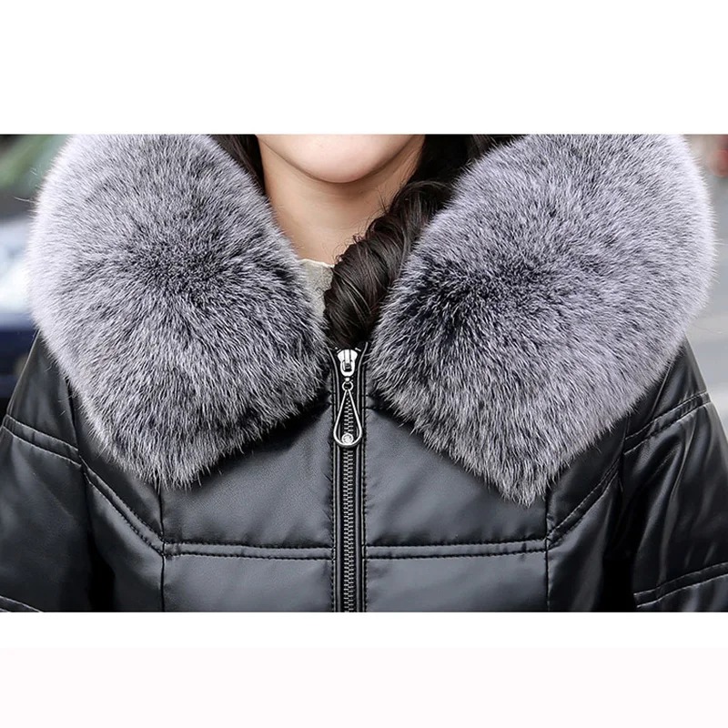 M-7XL Women Leather Down Coat Winter 2022 Fashion Hooded Real Fox Fur Collar Slim Sheepskin Leather White Duck Down Overcoat
