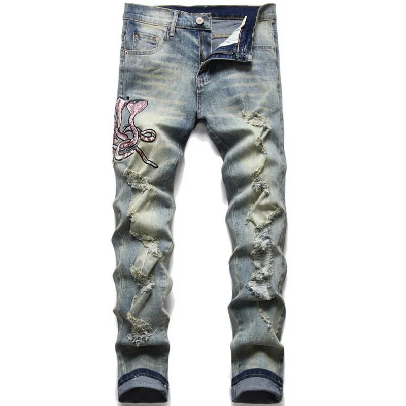 Mens Jeans Fashion Trendy Ripped Hole Slim Fit Stretch Embroidery Cobra Men Jeans Skinny Trendy Pants