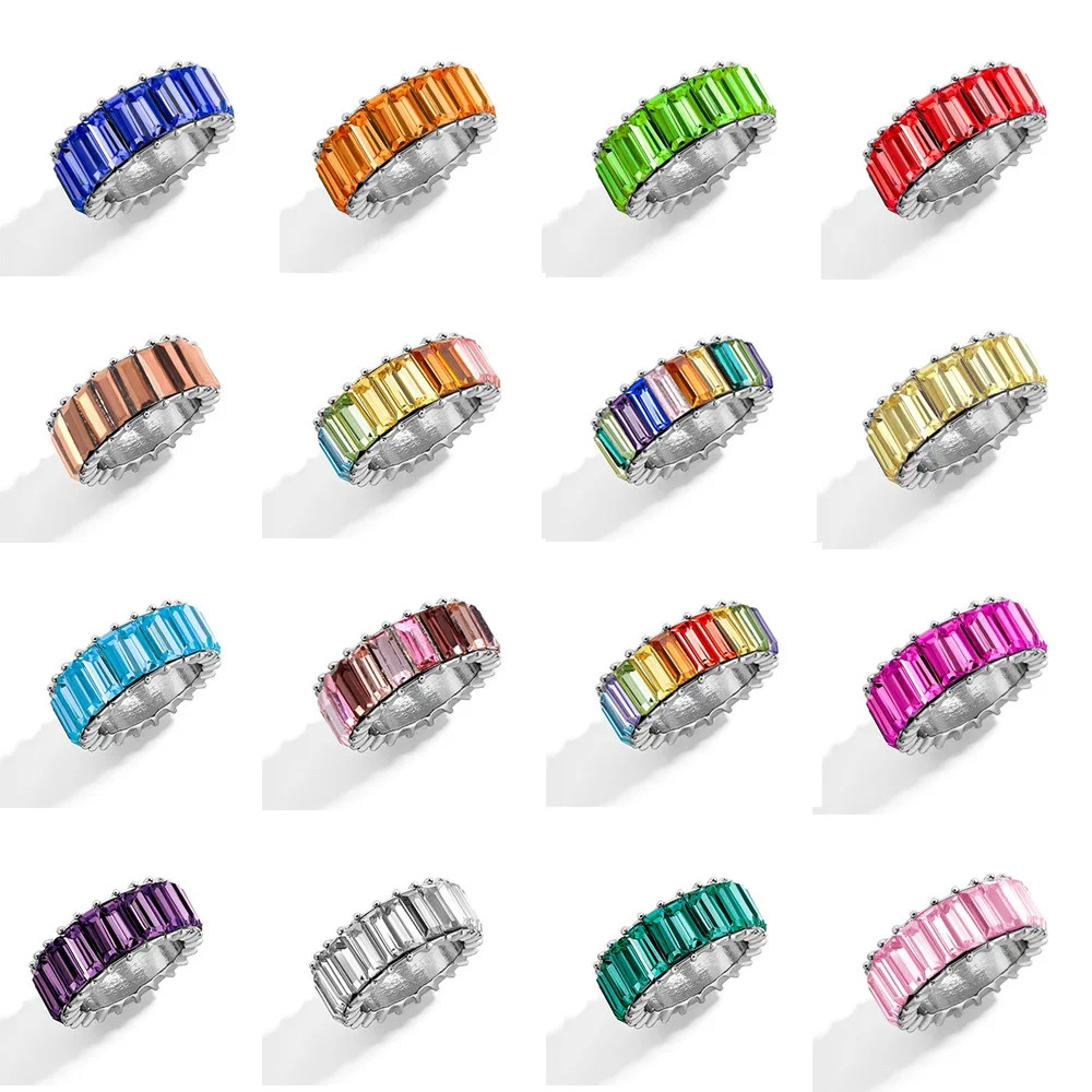 

15 Color Dainty Rainbow Ring Multi Color Crystal Eternity Square Baguette Finger Ring Women Female Wedding Jewelry