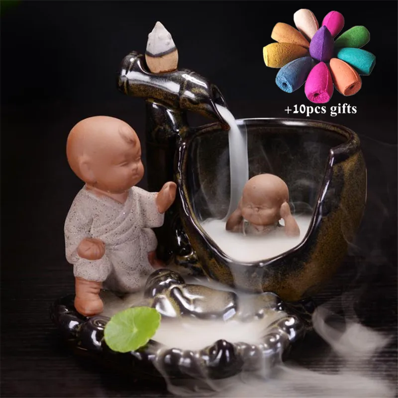 Керамический обратный поток ладана горелка монах Маленький Будда держатель