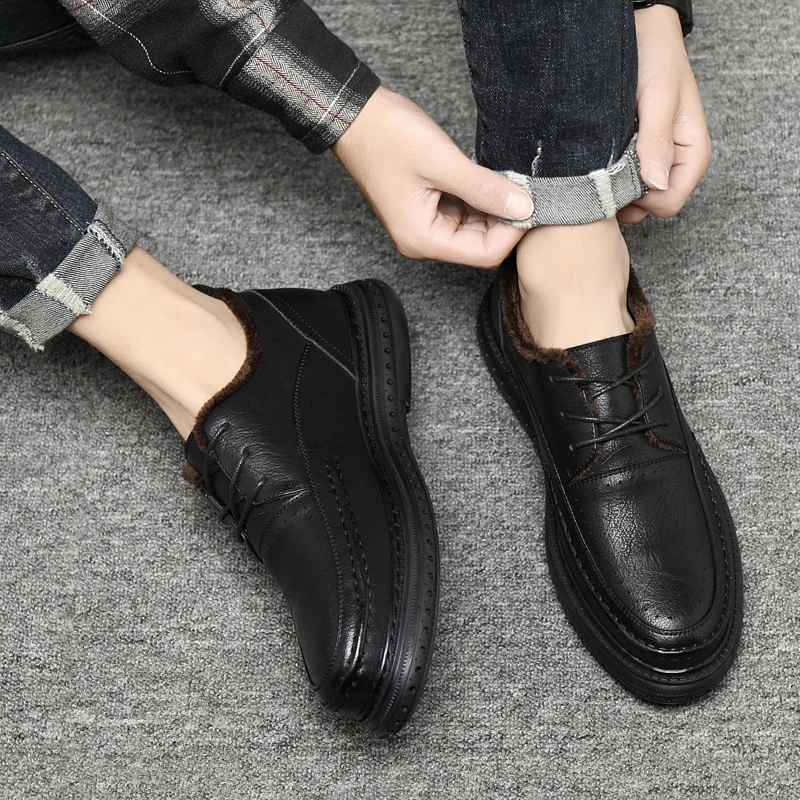 

Mens Shoes Autumn Winter Leather Oxfords Men Business Casual Formal Dress Warm Snow Shoes Man Comfortable Lace-up Solid Dad Shoe