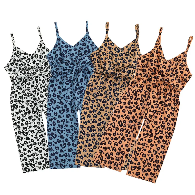 

1-6Y Baby Girls Summer Clothing Toddler Newborn Kids Girls Leopard Sleeveless V Neck Bowknot Belt Rompers Jumpsuits