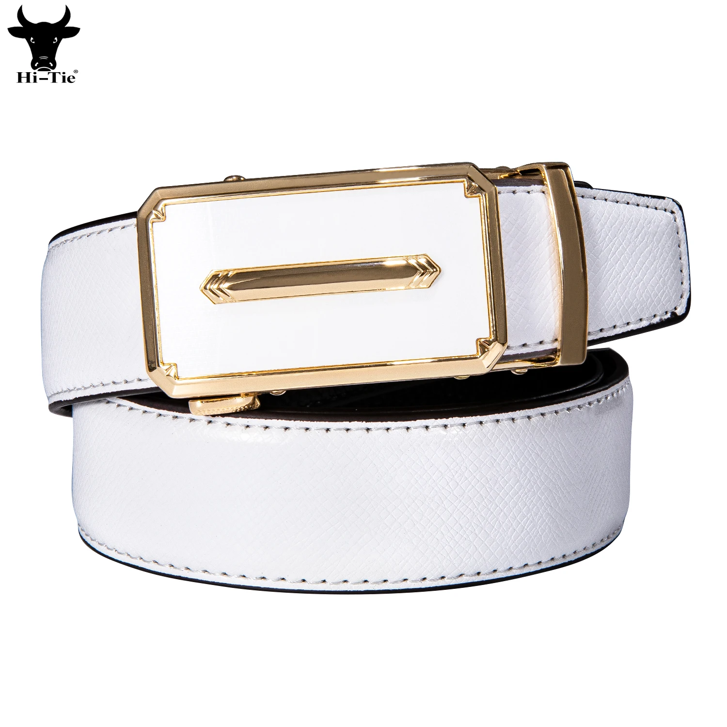 Hi-Tie White Genuine Leather Mens Belts Designer Gold Automatic Buckles Ratchet Waistband Belt for Men Dress Jeans Wedding Gift