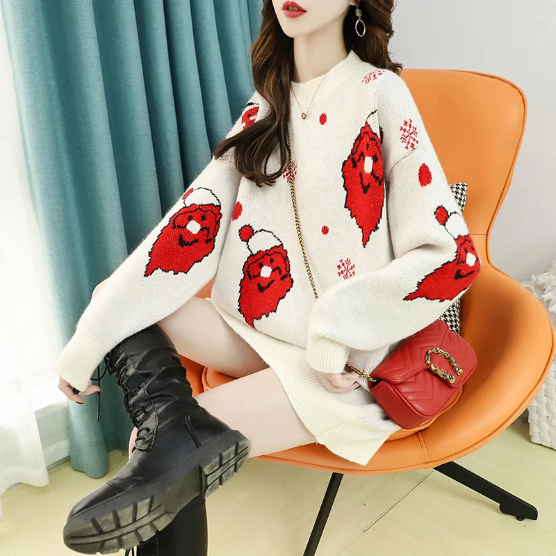 Женский Рождественский свитер H.SA красный свободный с рисунком снежного человека