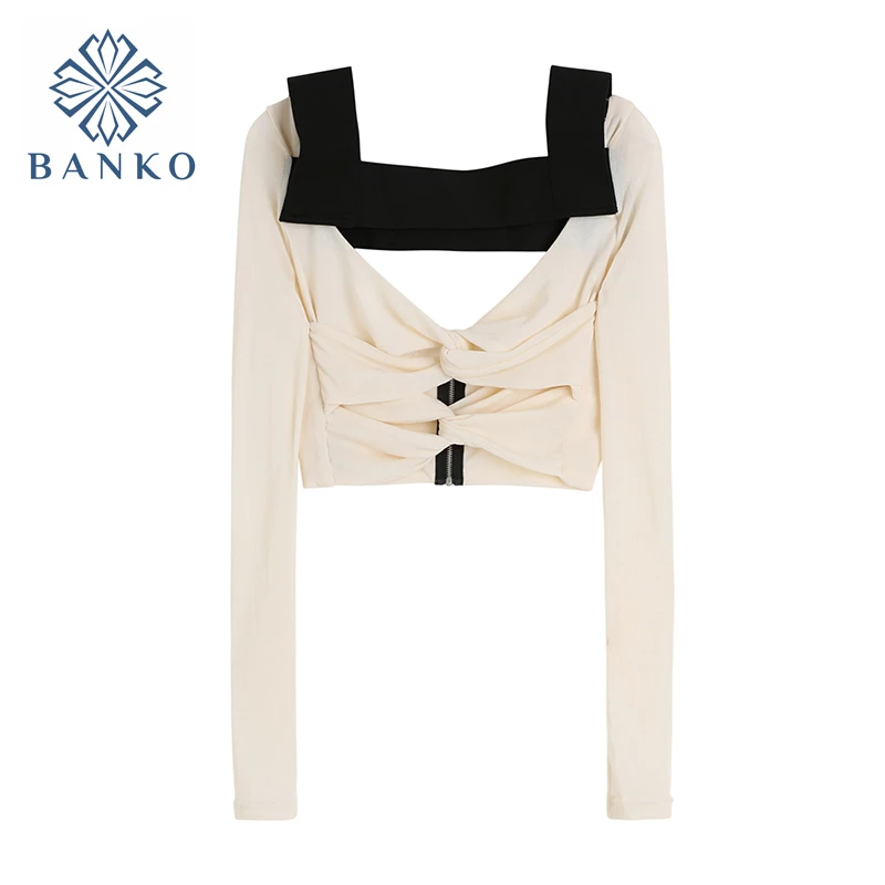 

2021 New Autumn Women's Twist Knot T-Shirts Casual Long Sleeve Square Neck Color Constrast Sexy Backless Hollow Crop Top Female